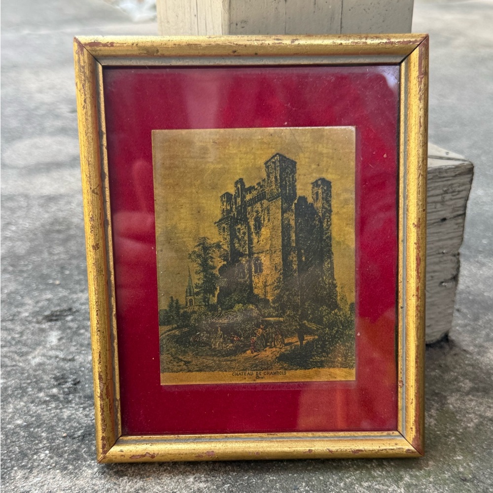 Vintage Print of Chambois Castle in Gold Wooden Frame